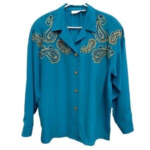Vintage 90s Adam Douglass Womens Silk Blouse Large Blue Embroidered Paisley BOHO